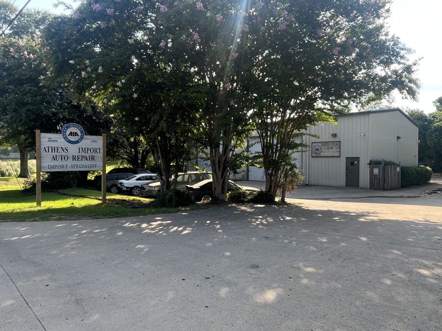 Morning view of the shop lot at Athens Import Auto Repair