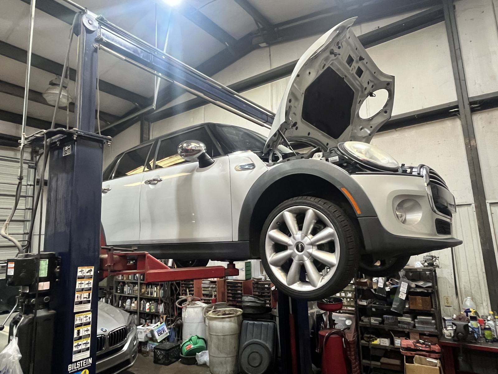 Mini Cooper engine inspection on a lift in Athens, GA